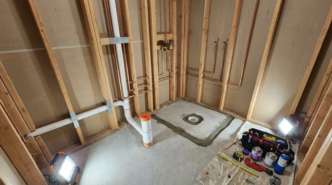 Bathroom rough-in plumbing during remodel by Johns Plumbing LLC in Bradley