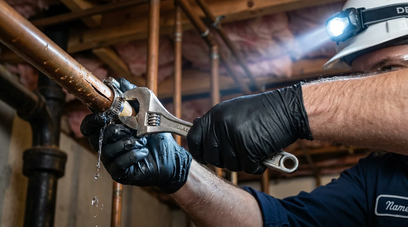 Emergency pipe clamp repair being performed by a Johns Plumbing LLC plumber in Bradley