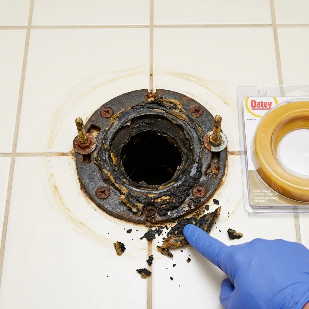 Failed wax ring showing water seepage at the base of a toilet in a Bradley, IL home